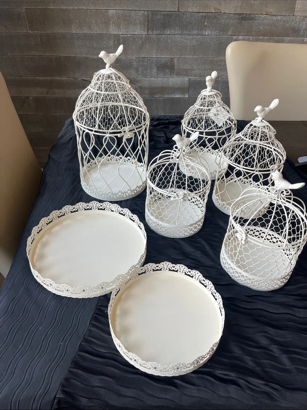 7-Piece White Shabby Chic Birdcage & Decorative Tray Set